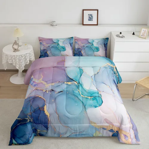 Miniatura 8 de Erosebridal Juego de edredón de mármol rosa dorado para niños y niñas, ropa de cama de mármol metálico, juegos de edredón de textura de mármol