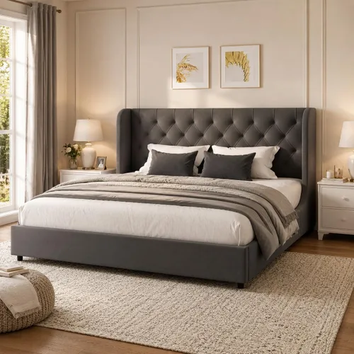 Miniatura 10 de HOMBCK - Marco de cama tamaño completo, base de cama tapizada en plataforma gris con cabecero, terciopelo acolchado, diseño de ala curvada, listones