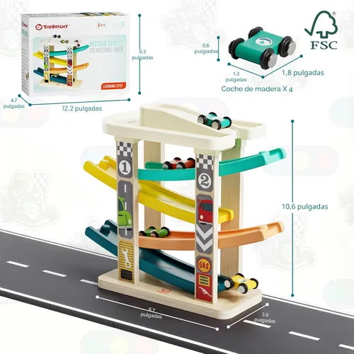 Miniatura 8 de TOP Bright Juguetes de rampa de madera para niños pequeños de 1 a 2 años de edad, habilidades motoras, pistas de carreras, rampa de automóvil