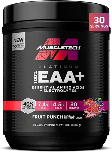 MuscleTech Platinum - Suplemento de aminoácidos esenciales con electrolitos, sabor ponche de frutas - Polvo pre-entrenamiento para energía,