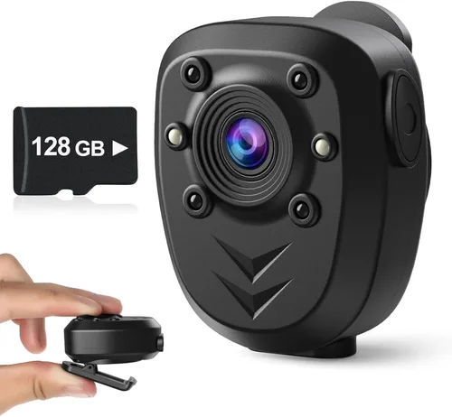 Mini Cámara de Cuerpo Grabadora de Video con Tarjeta de Memoria Integrada de 128GB con Visión Nocturna IR y Grabación en Bucle HD 1080P, Vida de