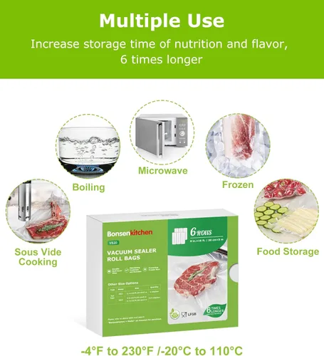 Miniatura 6 de Bonsenkitchen [2025 Actualizado] 6 Rollos 20,32 cm x 4,88 m de Bolsas Selladoras al Vacío para Alimentos con Caja de Color, Fáciles de Almacenar