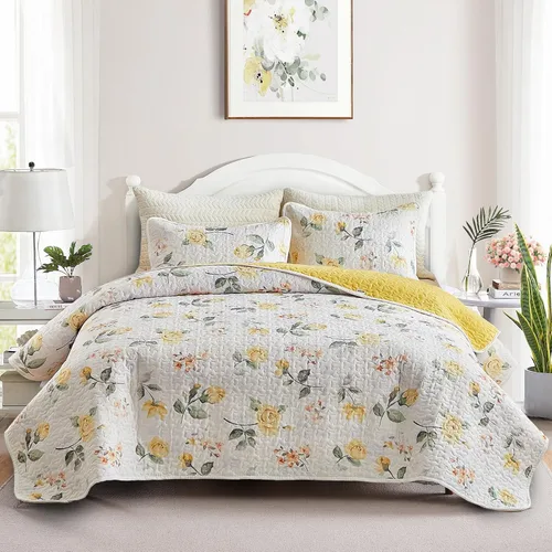 Miniatura 10 de Juego de edredón floral tamaño Queen 88x88 con flores rosas y amarillas, de microfibra suave, ligero, colcha reversible de verano de 3 piezas, juego