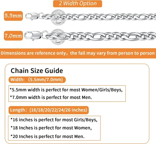 Miniatura 4 de Jewlpire Silver Chain Gold Chain for Men Boys, 14k Gold Plated Men's Necklaces Figaro Chain 5.5mm7mm Mens Chain 161820222426 inch