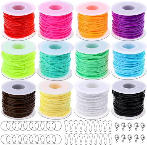 Miniatura 9 de Kit de cuerda de cordón, Cridoz 15 rollos de cuerda de gimp de cordón de plástico con 50 piezas de ganchos de clip a presión, llaveros y cierres