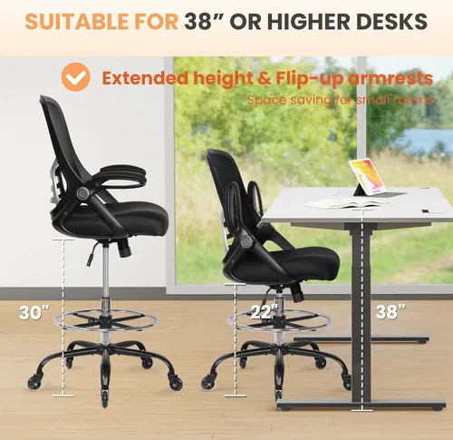 Miniatura 3 de HYLONE Silla de dibujo ajustable, silla de oficina alta, soporte lumbar, silla de escritorio ergonómica de pie, taburete de dibujo alto resistente