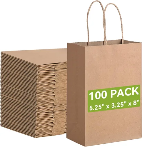 Brothersbox Bolsas pequeñas de papel marrón con asas 100 PCS, 5.25 * 3.25 * 8 pulgadas, bolsas de regalo de papel kraft a granel para manualidades,