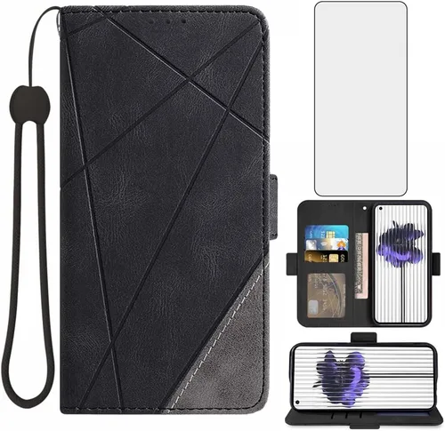 Asuwish Compatible con Nothing Phone 1 One - Funda tipo cartera y protector de pantalla de vidrio templado, soporte de cuero con soporte para