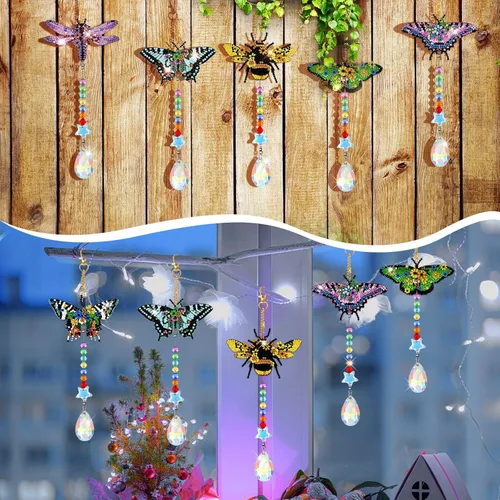 Miniatura 7 de Tradder 6 carillones de viento con diseño de mariposa y diamantes para decoración de árbol de verano, kit de arte de diamantes con colgante