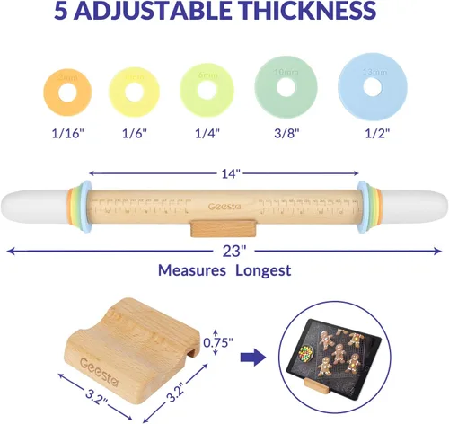 Miniatura 6 de Geesta - Rodillo de madera ajustable con 5 anillos de grosor, mango de rodillo de masa preciso con diseño de prensa y guía de medición para hornear