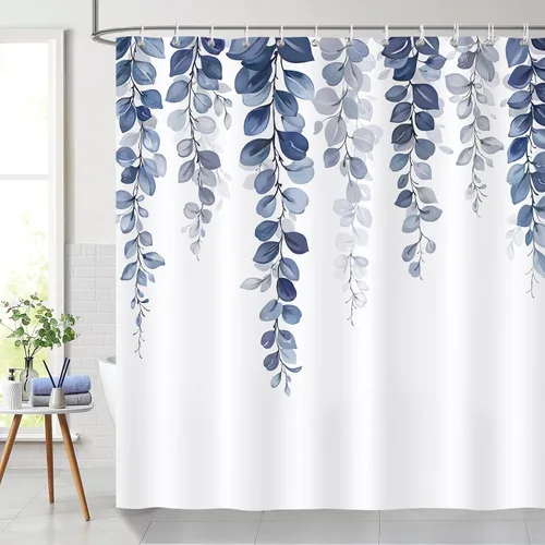 Miniatura 2 de Bonhause Cortina de ducha de eucalipto azul, hojas de acuarela, decoración botánica de baño, 72 x 72 pulgadas, tela de poliéster impermeable con 12