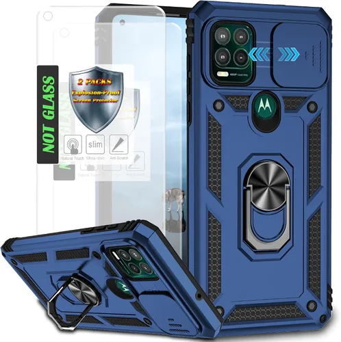 Funda para Moto G Stylus 5G (2021) con cubierta deslizante para cámara y [2 paquetes] a prueba de explosiones, soporte de anillo giratorio de 360°