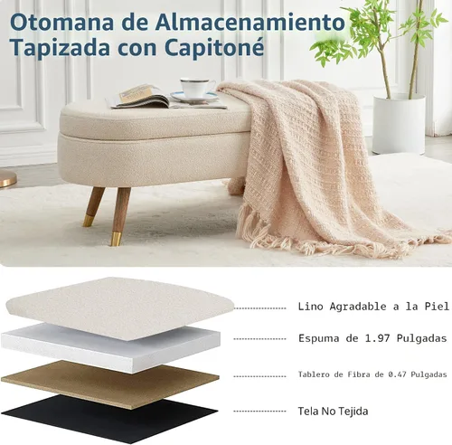 Miniatura 5 de IAFIKE Banco de almacenamiento ovalado de 43.5" Banco otomano tapizado de tela bouclé Banco reposapiés con patas de metal dorado, extremo de cama