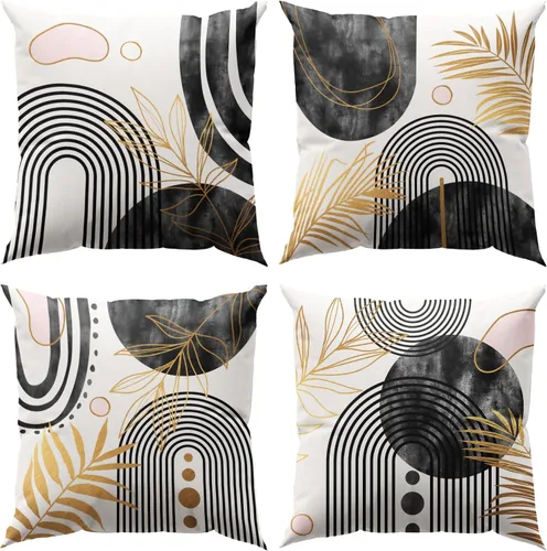 Miniatura 10 de Juego de 4 fundas de almohada abstractas de color negro y beige de 16 x 16 pulgadas, modernas fundas de cojín a rayas para sala de estar, sofá