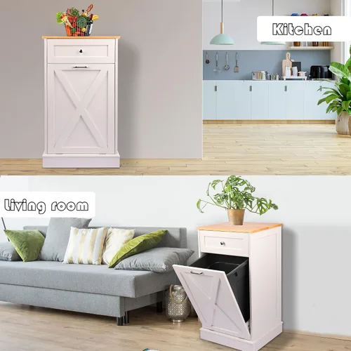 Miniatura 5 de TOLEAD Armario de basura inclinable de pie de 10 galones con puerta de granero para cocina, sala de estar, comedor, color blanco
