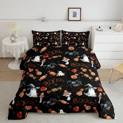 Miniatura 10 de Erosebridal Ropa de cama de Halloween para niños y niñas, juego de edredón espeluznante de dibujos animados, tamaño individual, relleno de edredón