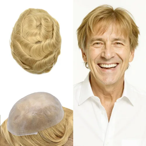 Miniatura 66 de Tupé de piel ultra fina para hombres pieza de cabello humano real sistema de reemplazo 0.002 in Mens Toupee Hairpiece para hombres V-Loop 8x10 80%