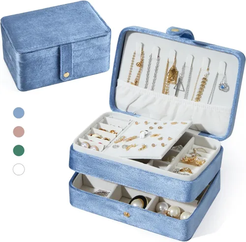 Joyero pequeño de terciopelo para mujeres y niñas, estuche portátil de viaje de doble capa para anillos, colgantes, aretes, collares, organizador de
