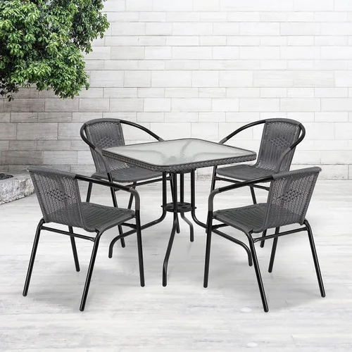 Miniatura 2 de Flash Furniture Mesa cuadrada de metal de vidrio de 28 pulgadas con borde de ratán gris y 4 sillas apilables de ratán gris Transparente/Gris