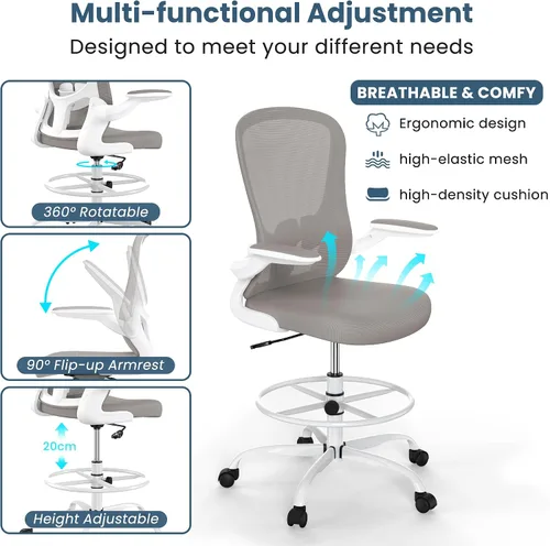 Miniatura 5 de Silla de dibujo, silla de oficina alta con reposabrazos abatibles, silla de escritorio de pie ergonómica ejecutiva para computadora, silla de dibujo