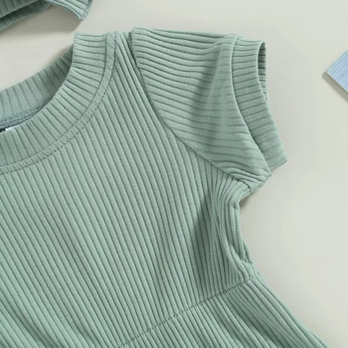Miniatura 27 de Traje de verano para niña pequeña, de manga corta, acanalado, overol liso, pantalones cortos, ropa para recién nacidos