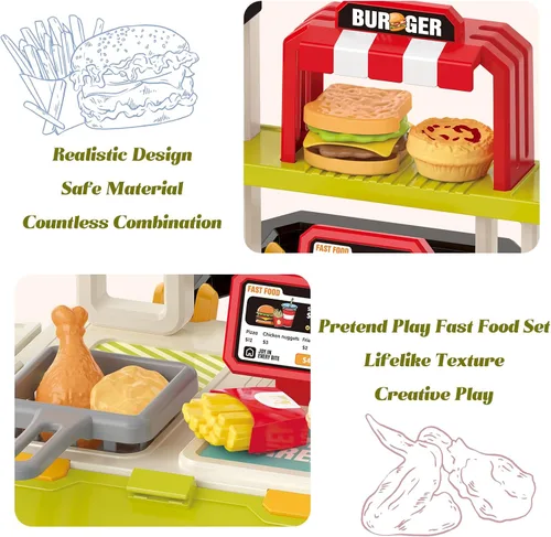 Miniatura 2 de Juguetes divertidos para niños, juego portátil de comida rápida para niños de 3 a 8 años, juguete realista de cocina al aire libre con 55 piezas