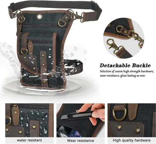 Miniatura 4 de Handadsume Lona resistente al agua + cuero para motocicleta, viajes, riñonera de viaje, bolsa de pierna para hombres y mujeres FB2141, 2141-negro