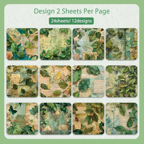 Miniatura 3 de Bloc de papel para álbum de recortes, 6 x 6 pulgadas, 24 hojas de papel de manualidades con patrón de bosque verde para diario basura, collage