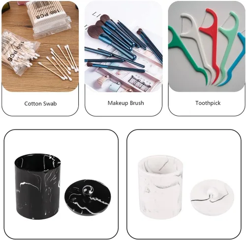 Miniatura 7 de Dispensador de soporte Qtip para baño con tapa, soporte para hisopos de algodón de tocador, recipiente de bola de algodón de resina, esponjas