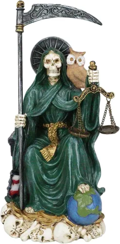 Miniatura 6 de Ebros Gift Santa Muerte Sosteniendo Guadaña Reloj de arena y escalas de justicia con búho sabio sentado en el trono Estatuilla Hueso de la Muerte