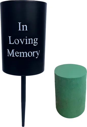Jarrón conmemorativo de metal para tumba, florero de cementerio, decoración de tumbas con picos y espuma floral (redondo), color negro