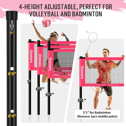 Miniatura 2 de Juego de red combinada de voleibol y bádminton de 20 pies para exteriores para patio trasero y playa con postes ajustables, red duradera Rosa