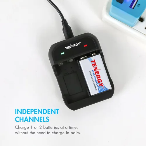 Miniatura 4 de Tenergy Batería recargable de 9 V, 250 mAh, paquete de 4 baterías NiMH Square con cargador de batería de 2 bahías de 9 V para alarma de humo/detector