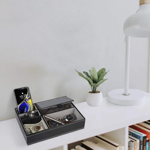 Miniatura 6 de Baoyun - Bandeja de valet para hombre, caja de valet de piel sintética, bandeja EDC para atrapar todo, organizador de mesita de noche con 5
