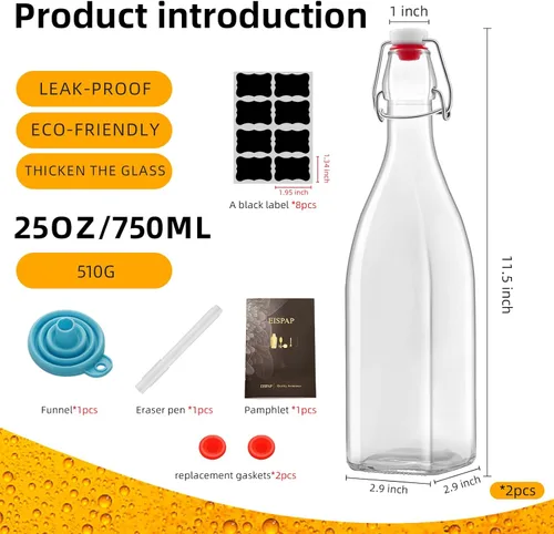 Miniatura 2 de Paquete de 2 botellas de vidrio cuadradas de 25 onzas, botellas de 25 onzas líquidas con tapones herméticos para kombucha, kéfir, extracto