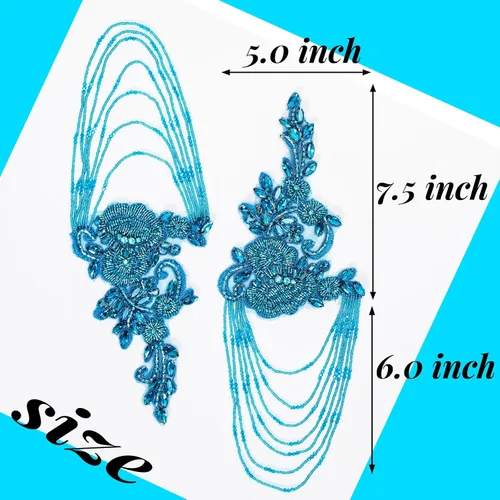 Miniatura 3 de Pareja de adornos de pedrería con cuentas en azul cielo, bordados de aplique para ropa, hombreras con pedrería de diamantes y lentejuelas