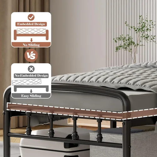 Miniatura 7 de Bastidores de cama de metal tamaño individual, marcos de cama resistentes de 1500 libras con cabecero, diseño sin ruido y almacenamiento debajo