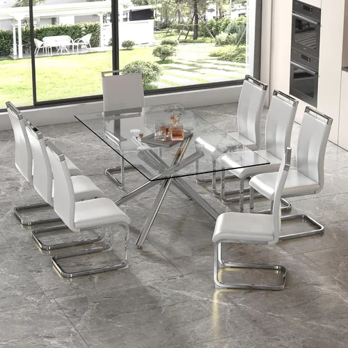 Miniatura 26 de Juego de 8 mesas de comedor de cristal, moderno juego de mesa de comedor de 71 pulgadas con 8 sillas de comedor tapizadas de piel sintética