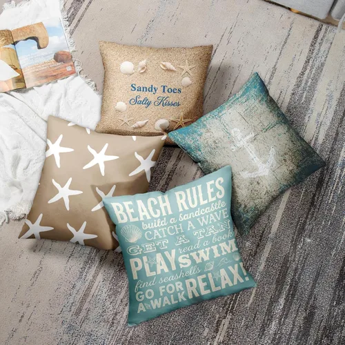 Miniatura 6 de Emvency Juego de 4 fundas de almohada de playa, estrellas de mar, palabras, reglas, vacaciones, verano, ancla náutica, color gris pardo, desgastado