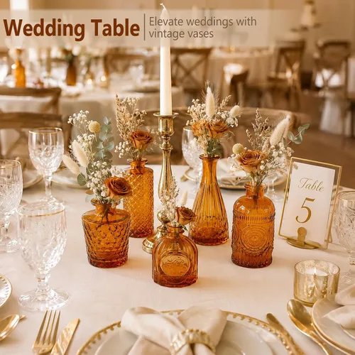 Miniatura 2 de Juego de 5 jarrones de cristal ámbar, mini jarrón para centros de mesa, jarrones pequeños de color marrón a granel para decoraciones de boda, jarrón