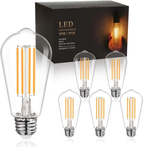 BORT Paquete de 6 bombillas LED vintage ST58 resistentes a las roturas, blanco cálido 2700 K, bombillas Edison regulables de 6 W, equivalente a 60