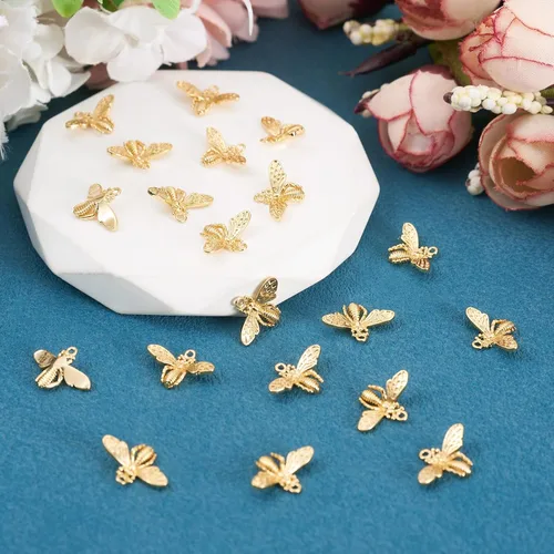 Miniatura 6 de FASHEWELRY 20 dijes de abejas de latón chapados en oro de 18 quilates, dijes de abeja dorados, dijes de joyería rellenos de oro con anillo de salto