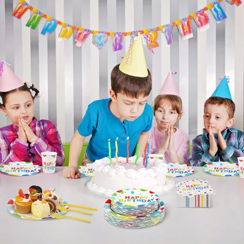 Miniatura 6 de Kochorie 400 piezas de decoraciones de fiesta de feliz cumpleaños, incluyendo platos de papel desechables, vasos, servilletas, juegos de vajilla que
