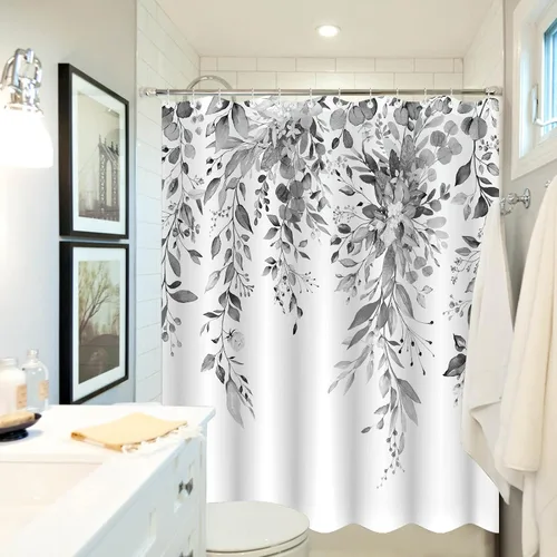 Miniatura 5 de Cortina de ducha extra larga de eucalipto gris y blanco de 84 pulgadas, cortinas de ducha de hojas florales grises para baño, cortina de baño