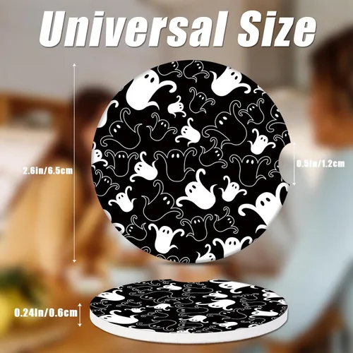 Miniatura 2 de Posavasos de fantasmas de Halloween para automóvil, absorbentes para bebidas, portavasos para automóvil con agarre para la punta de los dedos