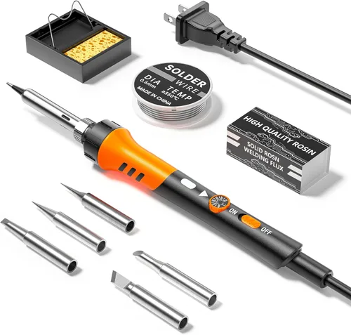 Kit de soldador de hierro de temperatura ajustable de 60W - 9 en 1 con 5 puntas, soporte para alambre de soldadura para soldadura y reparación