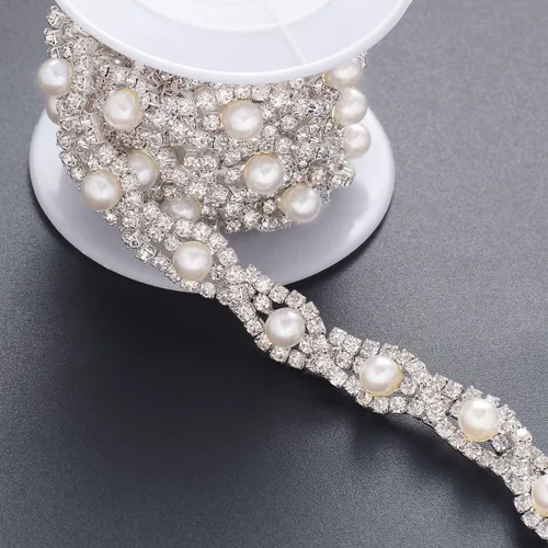 Miniatura 10 de Jerler Cadena de diamantes de imitación de cristal de 1 yarda, cuentas de perlas incrustadas para decoración de bricolaje y adornos de novia, ideal
