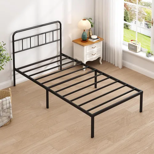 Miniatura 8 de Base de cama individual con cabecera clásica, soporte de listones de metal resistentes, espacio de almacenamiento debajo de la cama, no necesita
