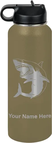 Miniatura 68 de LaserGram Botella de agua personalizada, gran tiburón blanco, acero inoxidable de doble pared aislada al vacío con popote superior, regalo grabado