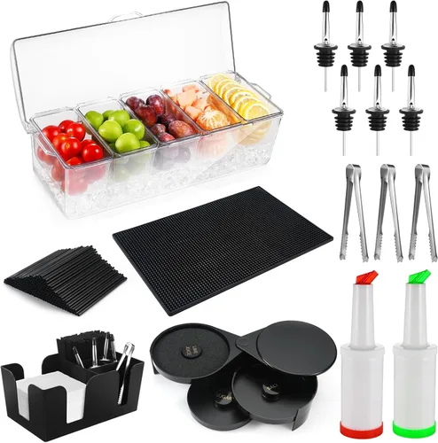 Suministros de Bartending - Bandeja para Guarniciones de Tapete de Bar de 18" x 12" con Tapa, Organizador de Bar de 3 Niveles con Ribeteador de